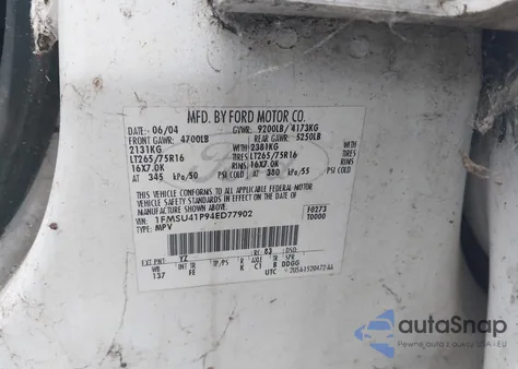 2004 Ford Excursion Xls/Xlt z USA, uszkodzony, nr VIN 1FMSU41P94ED77902